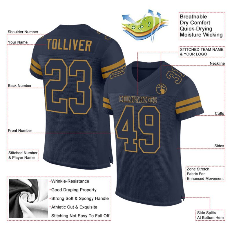Custom Navy-Old Gold Football Jersey with Personalized Name and Number | Authentic Mesh Team Gear Personalized Navy Navy-Old
