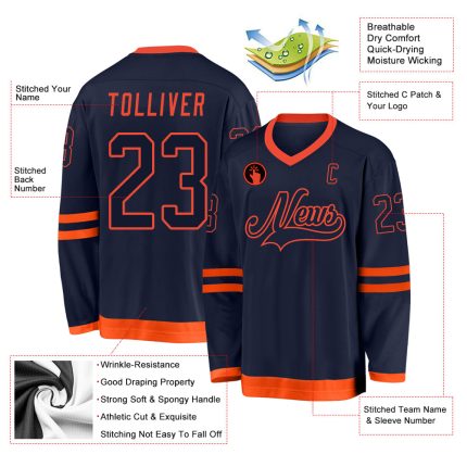 Custom Name and Number Personalized Navy-Orange Hockey Jersey for Team Personalized Navy Navy-Orange Hockey Jersey Team Custom