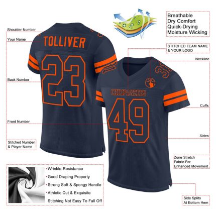 Personalized Custom Name and Number Navy-Orange Football Jersey Mesh Authentic Personalized Navy Navy-Orange Mesh Authentic