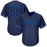 Custom Name and Number Authentic Throwback Baseball Jersey Shirt - Personalized Navy and Powder Blue Rib-Knit Team Apparel