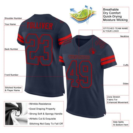 Custom Personalized Navy-Red Mesh Football Jersey with Team Name and Number - Authentic Sports Gear Personalized Navy Navy-Red