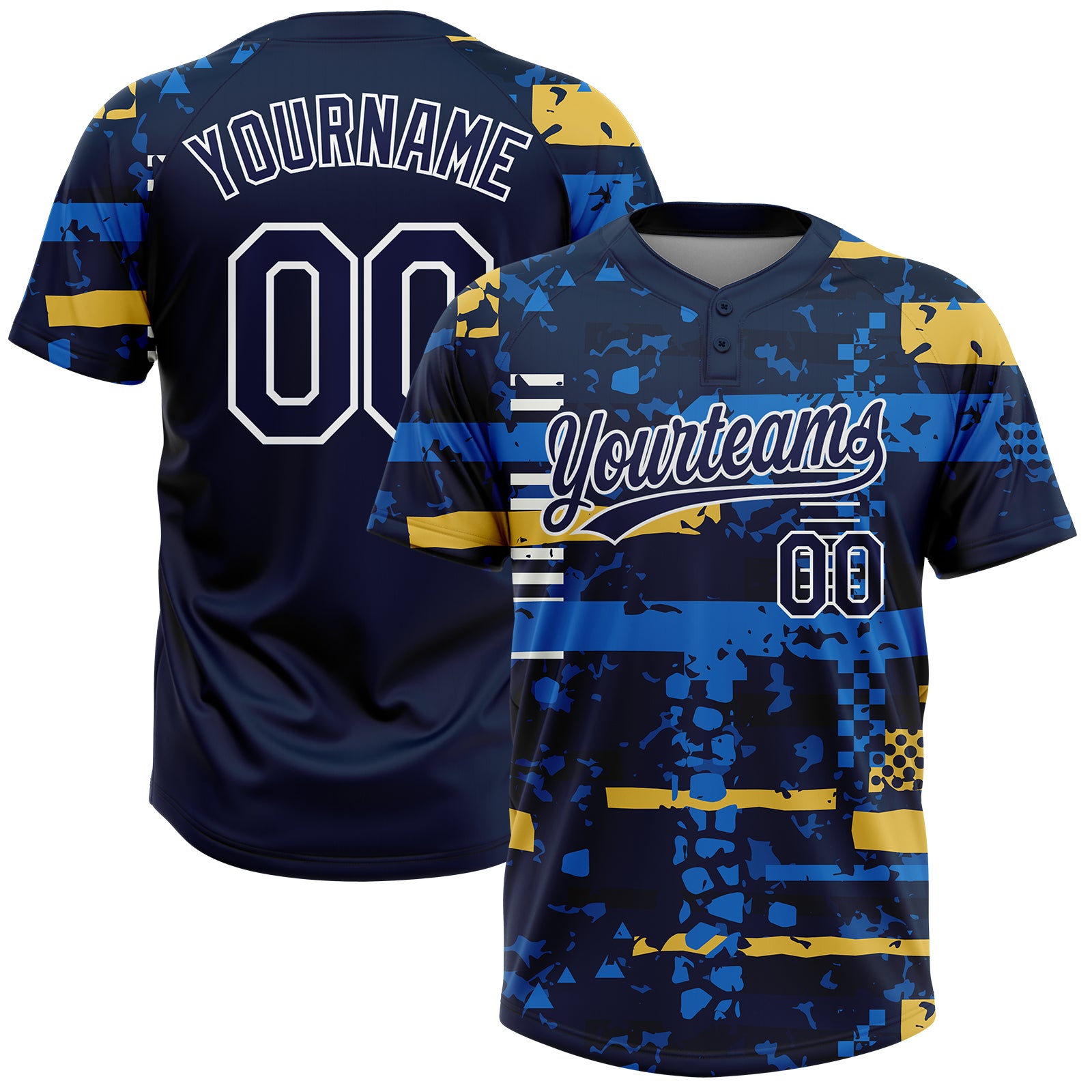 Custom Name and Number Unisex Softball Jersey 3D Pattern Navy Royal-Gold Two-Button Design Personalized Navy Navy Royal-Gold