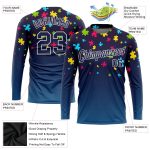 Custom Name and Number Autism Awareness 3D Puzzle Pattern Long Sleeve Performance T-Shirt in Navy and White Personalized