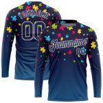 Custom Name and Number Autism Awareness 3D Puzzle Pattern Long Sleeve Performance T-Shirt in Navy and White Personalized