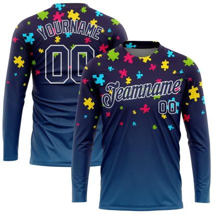Custom Name and Number Autism Awareness 3D Puzzle Pattern Long Sleeve Performance T-Shirt in Navy and White Personalized