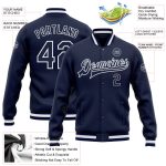 Custom Team Name Number Navy-White Bomber Full-Snap Varsity Jacket Personalized Navy Navy-White Bomber Full-Snap Varsity