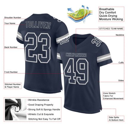 Personalized Custom Navy Blue Football Jersey with Mesh, Team Name & Number - Authentic NFL Style Personalized Navy Navy-White