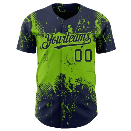Custom Name and Number Baseball Jersey - Personalized Navy Neon Green 3D Abstract Splatter Grunge Art Design Personalized