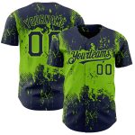 Custom Name and Number Baseball Jersey - Personalized Navy Neon Green 3D Abstract Splatter Grunge Art Design Personalized