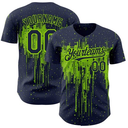 Personalized 3D Dripping Splatter Art Baseball Jersey with Custom Team Name & Number - Navy Neon Green Design Personalized