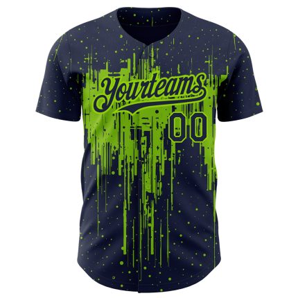 Personalized 3D Dripping Splatter Art Baseball Jersey with Custom Team Name & Number - Navy Neon Green Design Personalized