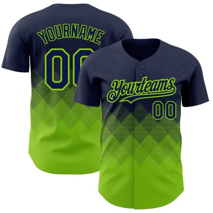 Custom Name and Number Authentic Baseball Jersey with Personalized Navy Neon Green 3D Pattern Gradient Square Design Personalized