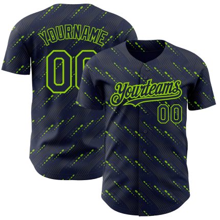Custom Name and Number 3D Pattern Baseball Jersey - Personalized Navy and Neon Green Slant Lines Design Personalized Navy