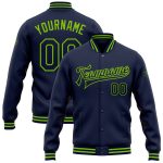 Custom Navy Neon Green Bomber Varsity Letterman Jacket Personalized with Name and Number Personalized Navy Neon Green Bomber