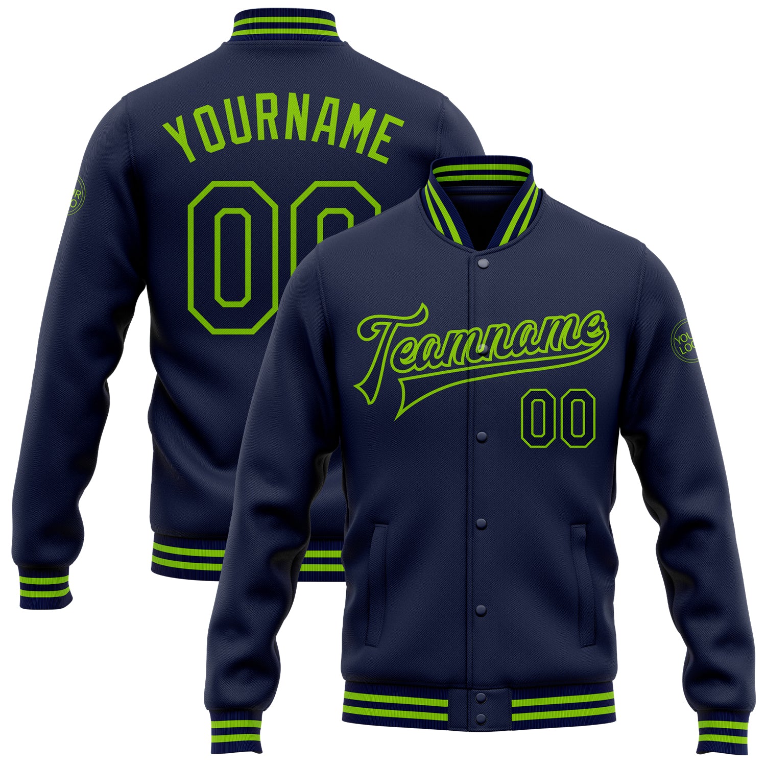 Custom Navy Neon Green Bomber Varsity Letterman Jacket Personalized with Name and Number Personalized Navy Neon Green Bomber