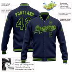 Custom Navy Neon Green Bomber Varsity Letterman Jacket Personalized with Name and Number Personalized Navy Neon Green Bomber