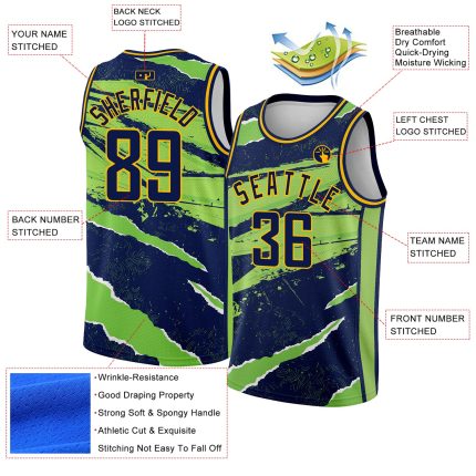 Personalized Custom Name and Number Basketball Jersey - Navy Neon Green-Gold 3D Torn Paper Style Design Personalized Navy