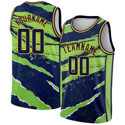 Personalized Custom Name and Number Basketball Jersey - Navy Neon Green-Gold 3D Torn Paper Style Design Personalized Navy