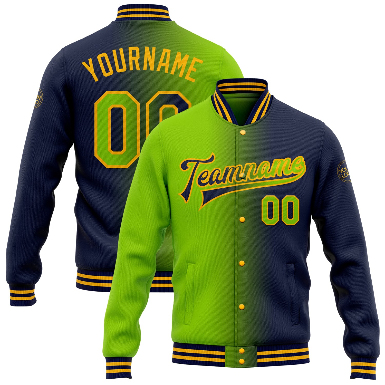 Custom Team Name Number Neon Green-Gold Bomber Jacket Personalized Full-Snap Varsity Letterman Gradient Fashion Style Personalized