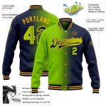 Custom Team Name Number Neon Green-Gold Bomber Jacket Personalized Full-Snap Varsity Letterman Gradient Fashion Style Personalized