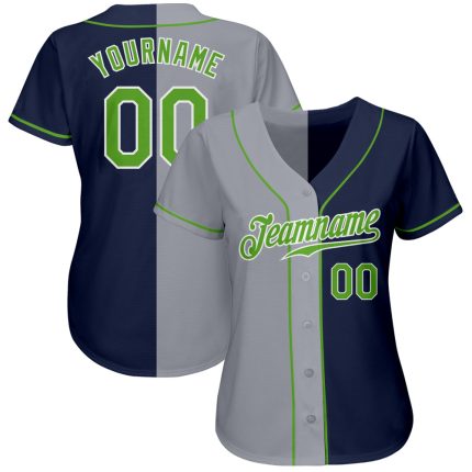 Custom Name and Number Personalized Baseball Jersey - Authentic Navy Neon Green Gray Split Fashion Design Personalized Navy