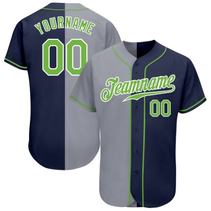 Custom Name and Number Personalized Baseball Jersey - Authentic Navy Neon Green Gray Split Fashion Design Personalized Navy