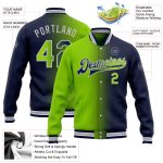 Custom Team Name Number Navy Neon Green Gray Bomber Varsity Letterman Gradient Jacket Full-Snap Fashion Apparel Personalized