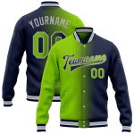 Custom Team Name Number Navy Neon Green Gray Bomber Varsity Letterman Gradient Jacket Full-Snap Fashion Apparel Personalized