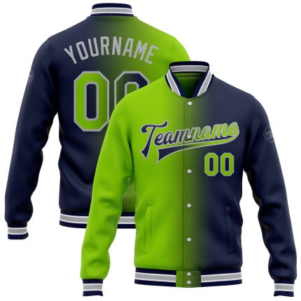 Custom Team Name Number Navy Neon Green Gray Bomber Varsity Letterman Gradient Jacket Full-Snap Fashion Apparel Personalized
