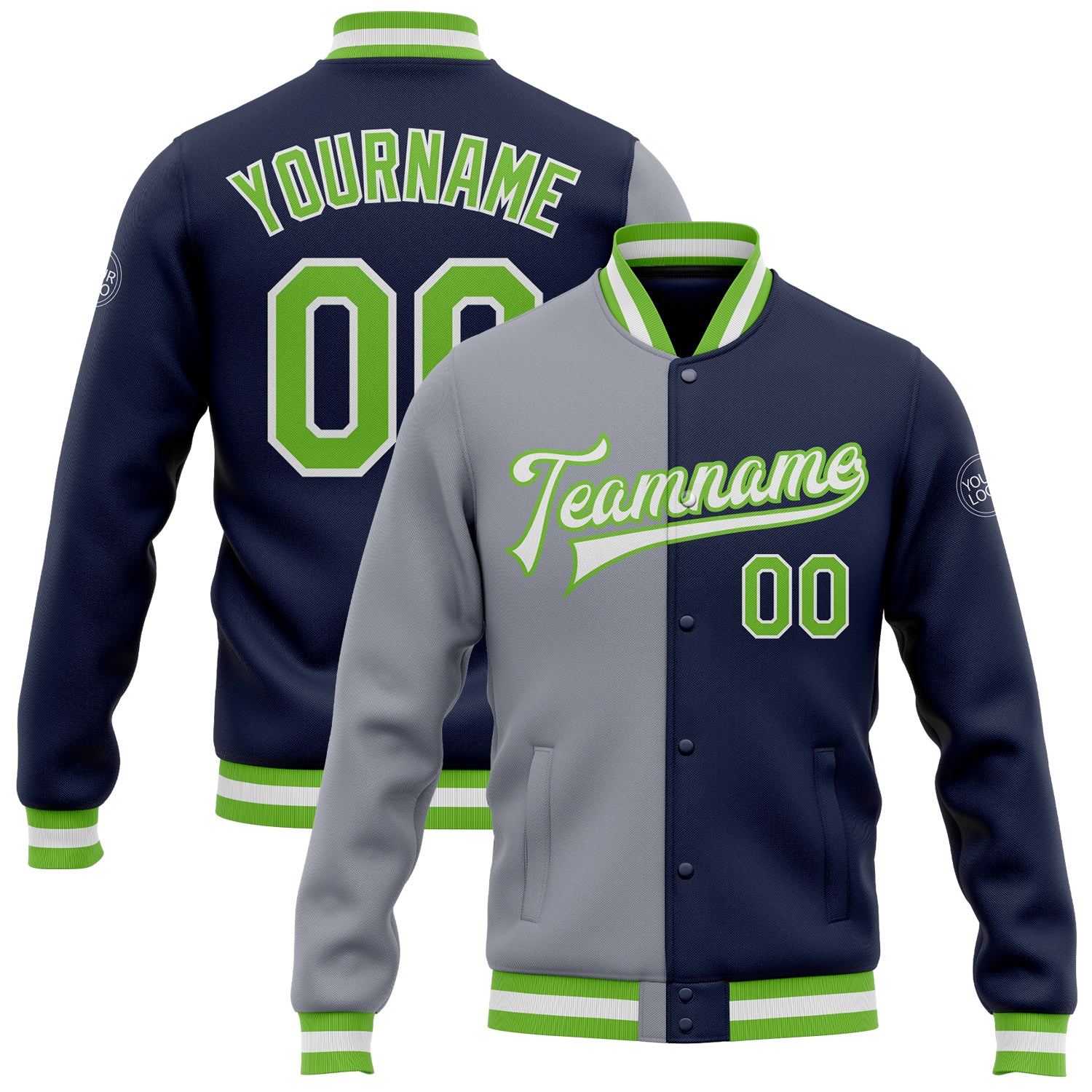 Personalized Team Jacket with Custom Name and Number - Navy Neon Green-Gray Bomber Full-Snap Varsity Letterman Fashion Jacket