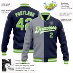 Personalized Team Jacket with Custom Name and Number - Navy Neon Green-Gray Bomber Full-Snap Varsity Letterman Fashion Jacket