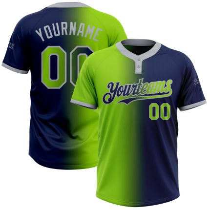Custom Name and Number Unisex Softball Jersey in Navy Neon Green-Gray Gradient, Two-Button Fashion Design Personalized Navy