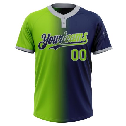 Custom Name and Number Unisex Softball Jersey in Navy Neon Green-Gray Gradient, Two-Button Fashion Design Personalized Navy
