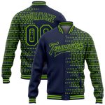 Custom Name and Number Navy Neon Green Halftone 3D Pattern Varsity Letterman Bomber Jacket Personalized Navy Neon Green Halftone