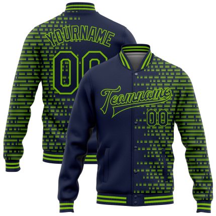 Custom Name and Number Navy Neon Green Halftone 3D Pattern Varsity Letterman Bomber Jacket Personalized Navy Neon Green Halftone