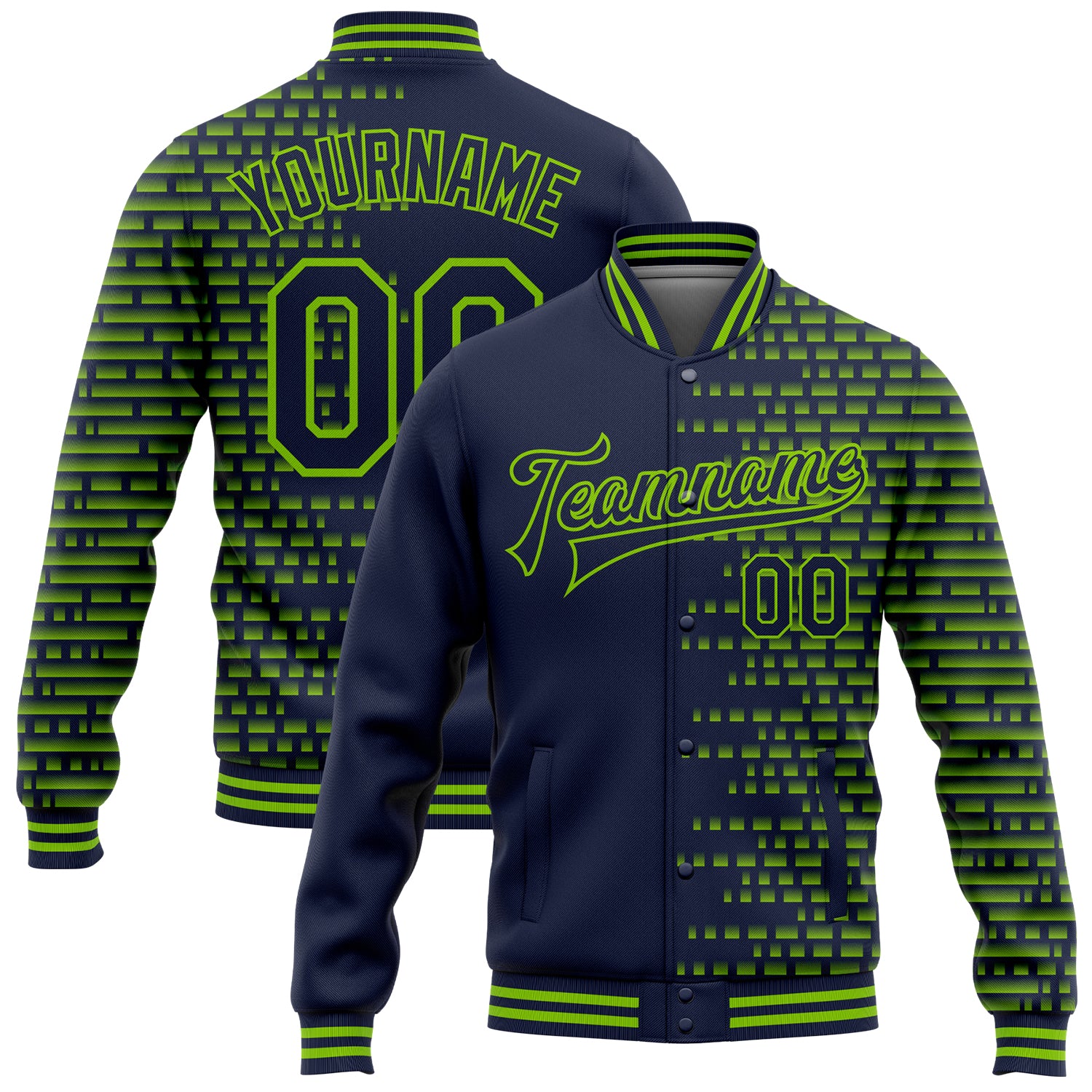 Custom Name and Number Navy Neon Green Halftone 3D Pattern Varsity Letterman Bomber Jacket Personalized Navy Neon Green Halftone