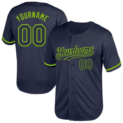 Personalized Custom Name and Number Baseball Jersey in Navy Neon Green Mesh - Authentic Throwback Style Personalized Navy