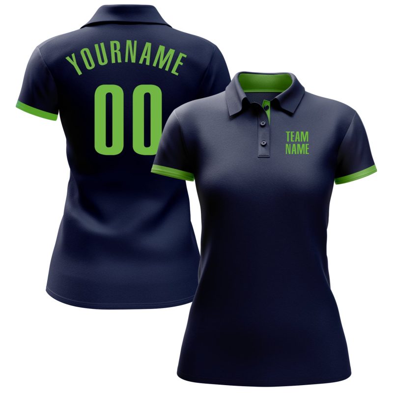 Custom Name Number Navy Neon Green Performance Golf Polo Shirt - Personalized Team Apparel Personalized Navy Neon Green Performance