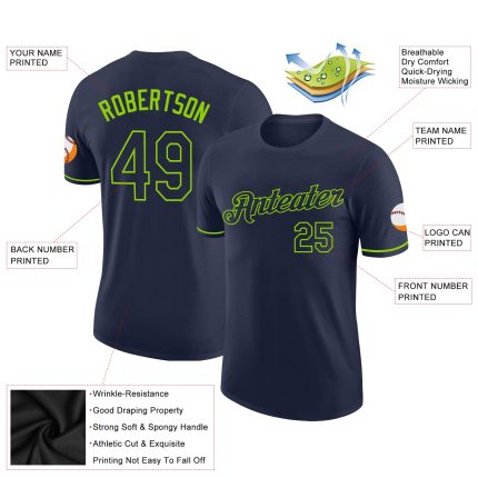 Custom Team Name Number Navy Neon Green Performance T-Shirt - Personalized Activewear Personalized Navy Neon Green Performance