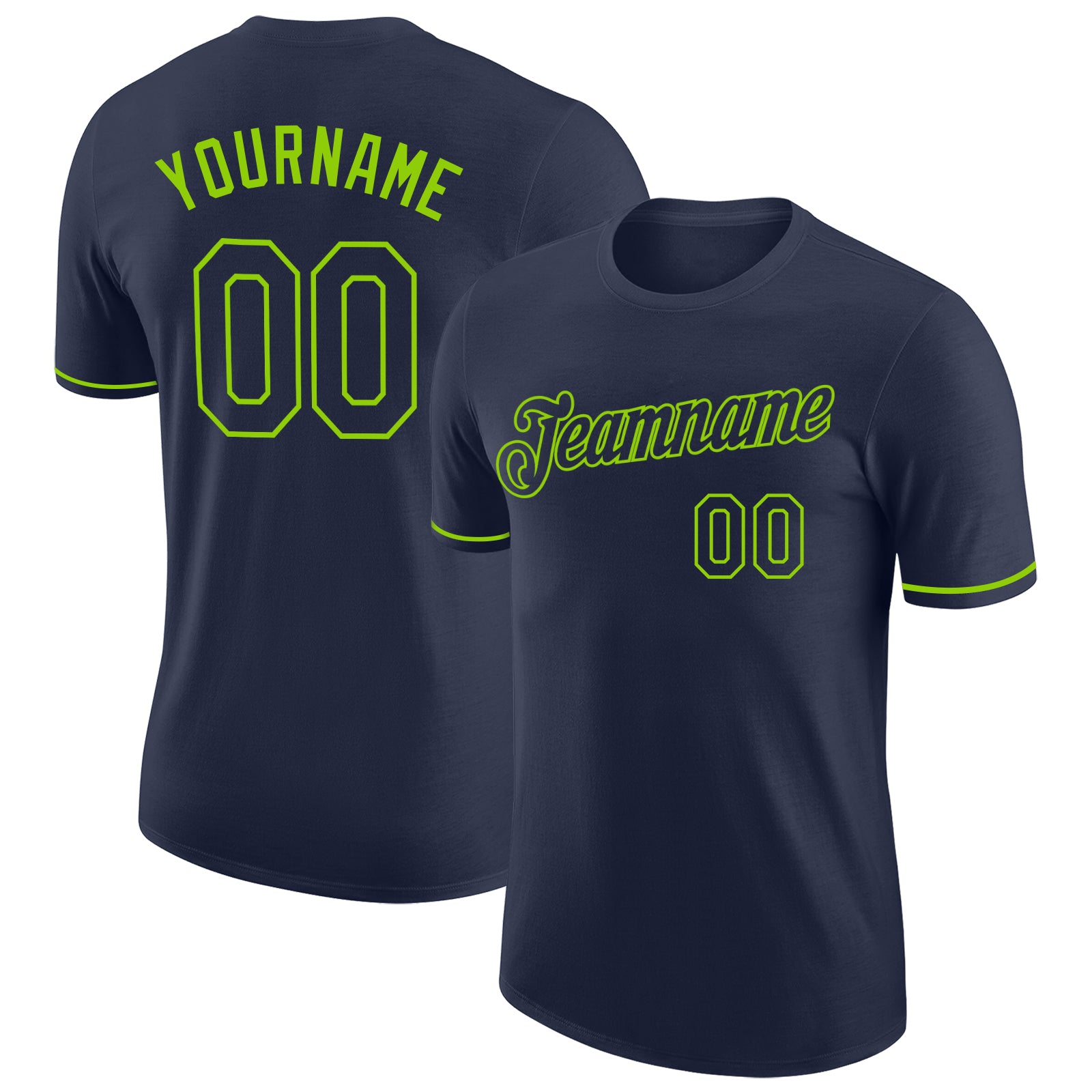 Custom Team Name Number Navy Neon Green Performance T-Shirt - Personalized Activewear Personalized Navy Neon Green Performance