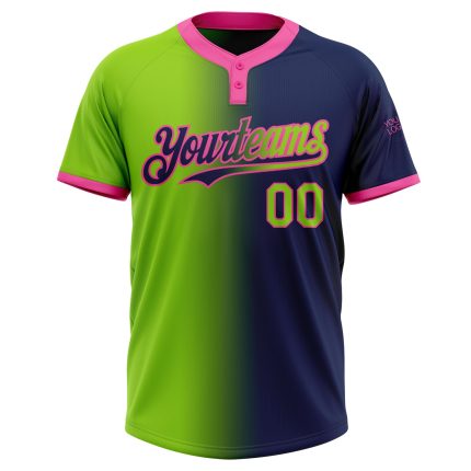 Custom Name and Number Unisex Softball Jersey - Personalized Navy Neon Green-Pink Gradient Two-Button Design Personalized