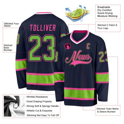 Custom Name and Number Hockey Jersey in Navy Neon Green-Pink - Personalized Team Gear Personalized Navy Neon Green-Pink Hockey