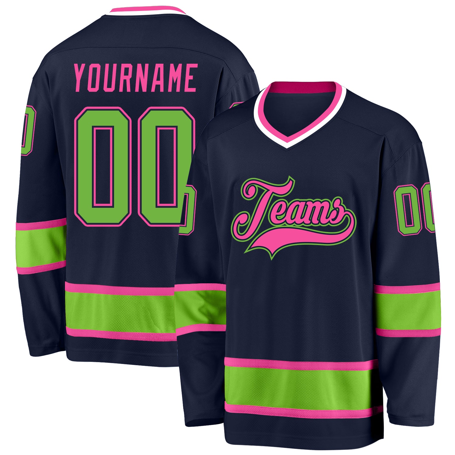 Custom Name and Number Hockey Jersey in Navy Neon Green-Pink - Personalized Team Gear Personalized Navy Neon Green-Pink Hockey