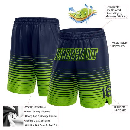 Custom Personalized Basketball Shorts with Name and Number - Navy Neon Green Pinstripe Fade Fashion Design Personalized Navy