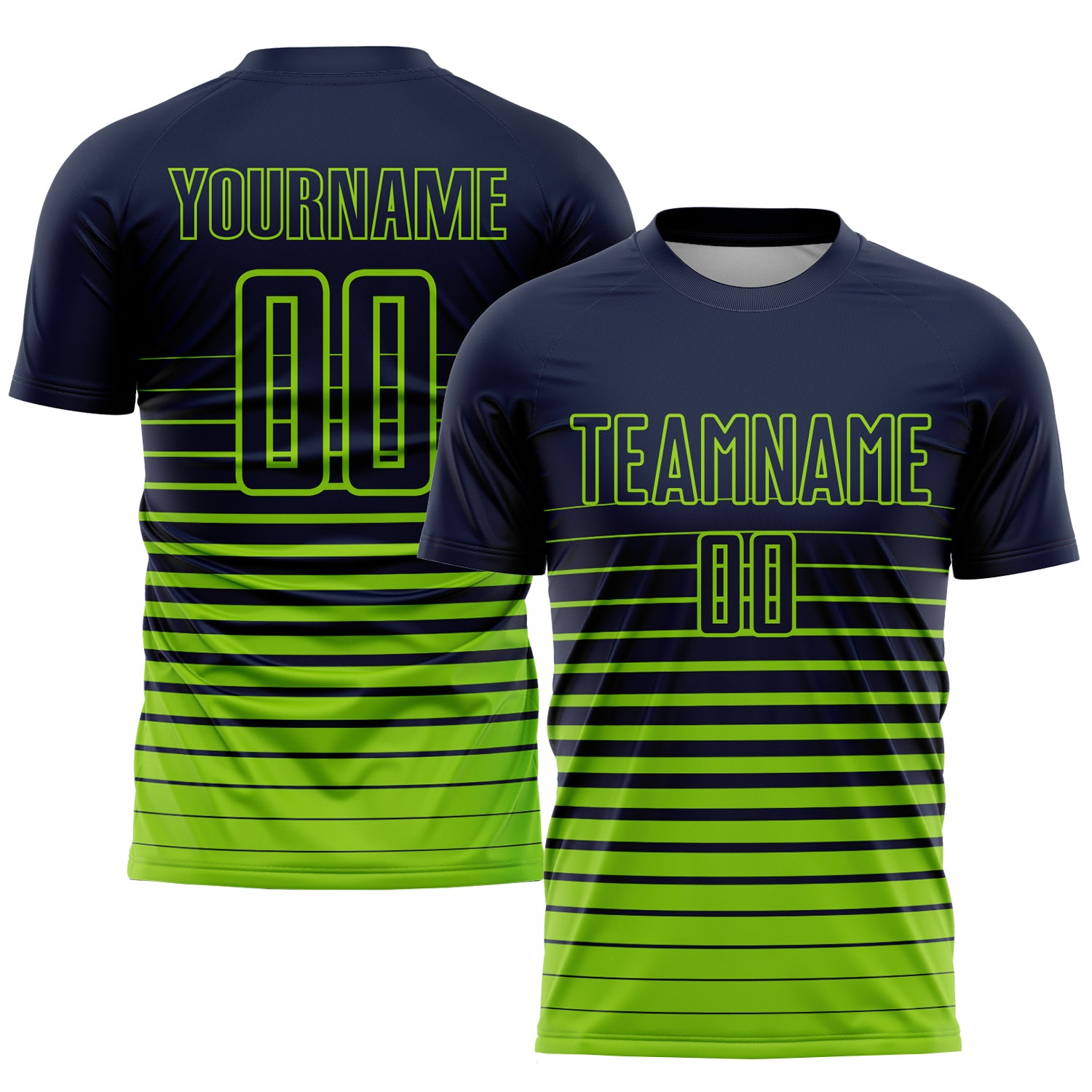 Custom Soccer Uniform Jersey with Personalized Name and Number, Navy Neon Green Pinstripe Fade Design Personalized Navy Neon