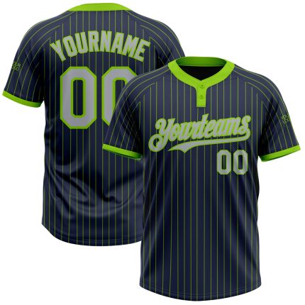 Custom Name and Number Softball Jersey - Personalized Navy Neon Green Pinstripe Gray Two-Button Unisex Design Personalized