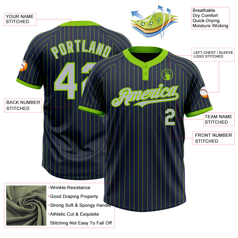 Personalized Navy Neon Green Pinstripe Gray Two-Button Unisex Softball Jersey Team Custom Name and Number Custom Name and Number Softball Jersey - Personalized Navy Neon Green Pinstripe Gray Two-Button Unisex Design Personalized - Image 3