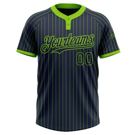 Custom Name and Number Unisex Softball Jersey - Personalized Navy Neon Green Two-Button Pinstripe Design Personalized Navy