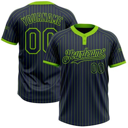 Custom Name and Number Unisex Softball Jersey - Personalized Navy Neon Green Two-Button Pinstripe Design Personalized Navy