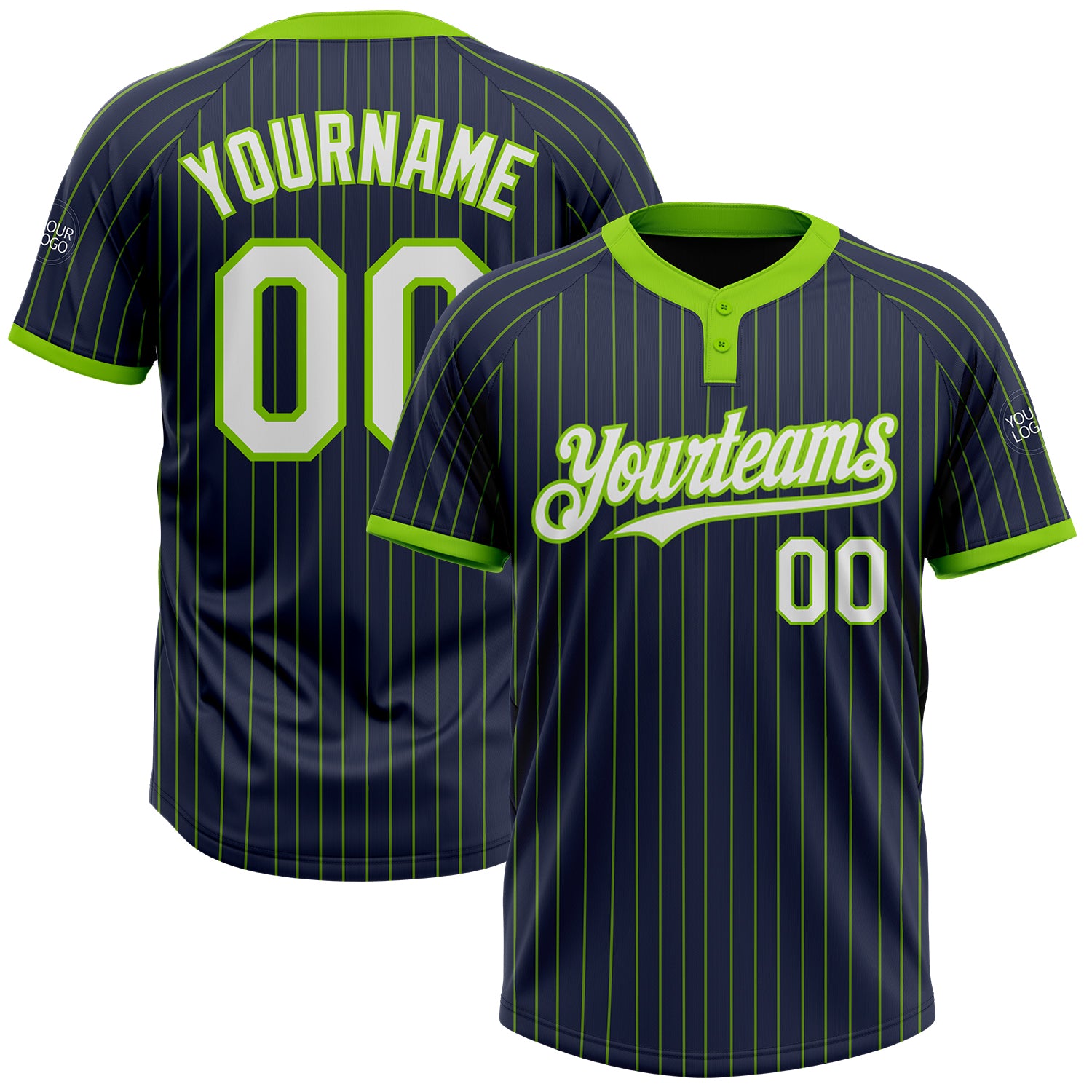 Custom Name and Number Unisex Softball Jersey - Personalized Navy Neon Green Pinstripe Two-Button Design Personalized Navy